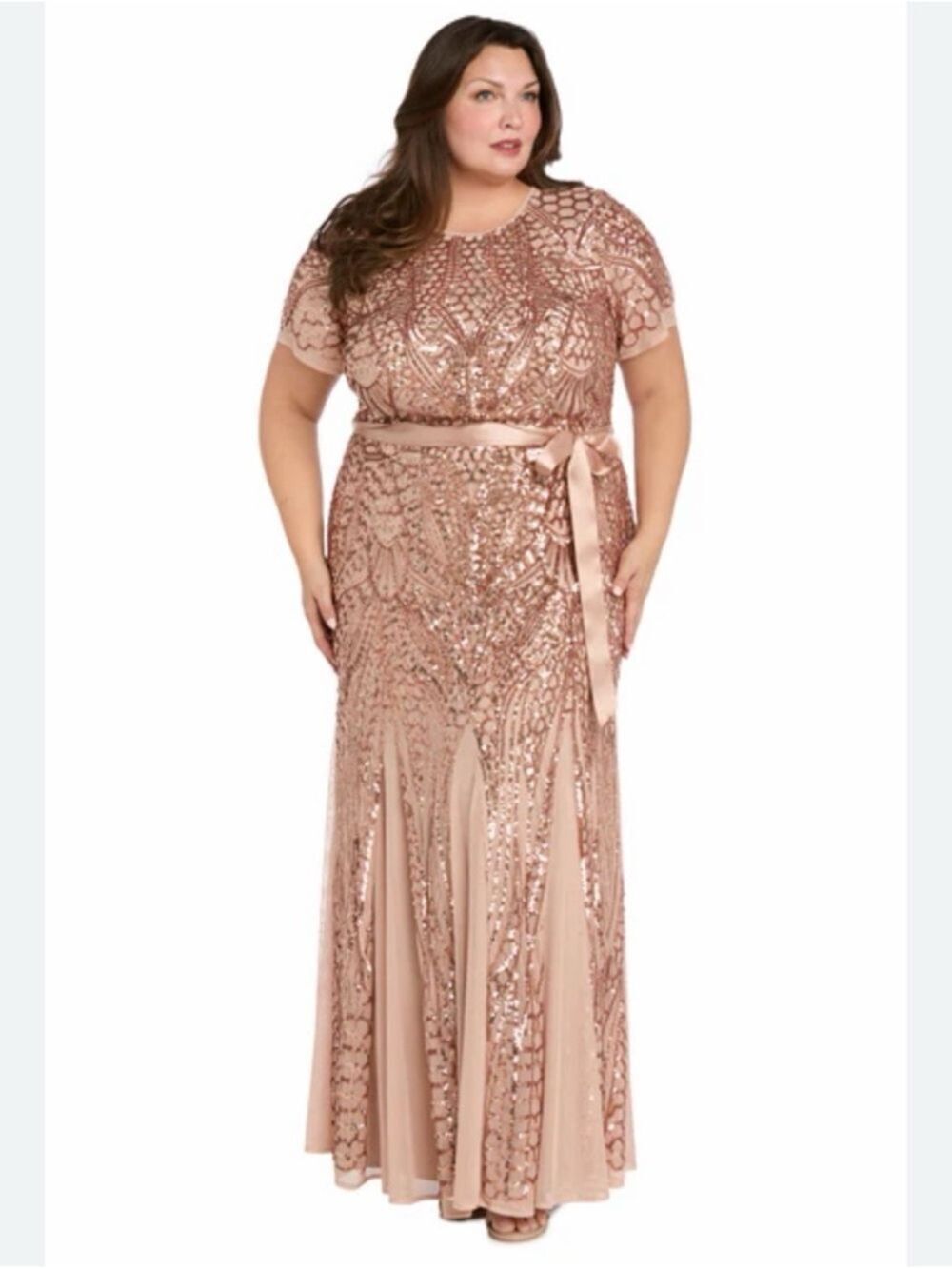 R & M Richard’s Rose-gold Sequin Maxi Dress 16W Mother Of The Bride Event Prom